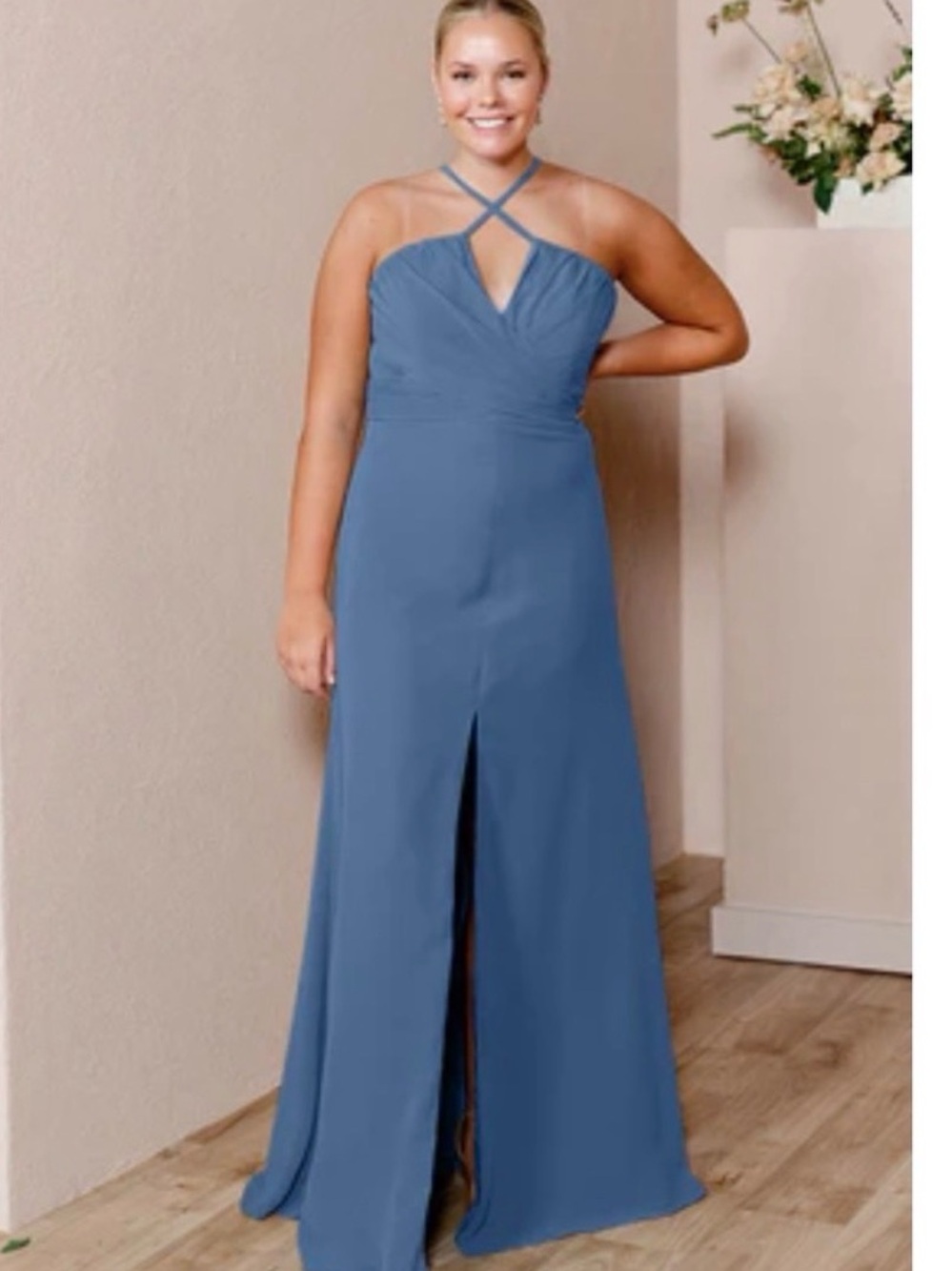 Revelry Dusty Blue Chiffon - Nayeli Crisscross Halter Maxi Dress